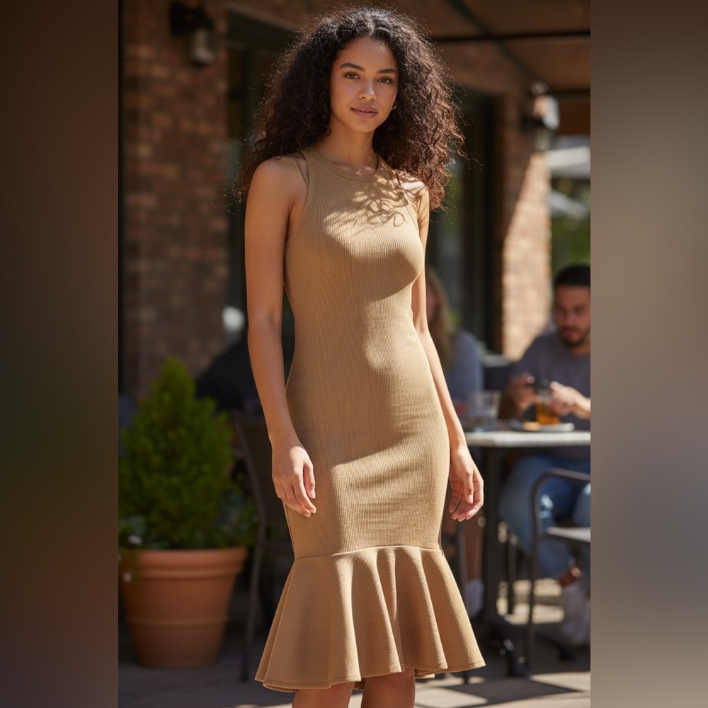 7 For All Mankind Tan Ribbed Sleeveless Midi Dress with Flounce Hem